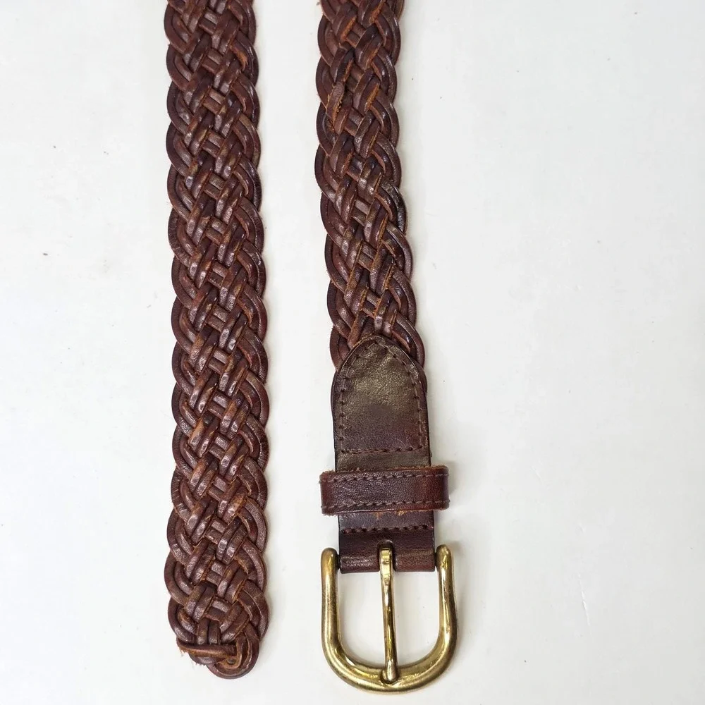 GreatLand Men's Braided Leather Belt Dark Brown Solid Brass Buckle 444-226 L